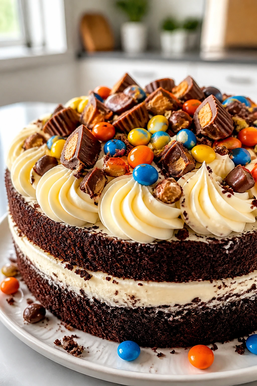 Festive chocolate cake with colorful candy toppings and cream cheese frosting