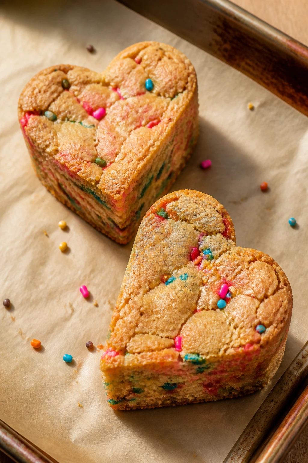 Two heart-shaped funfetti blondies with sprinkles