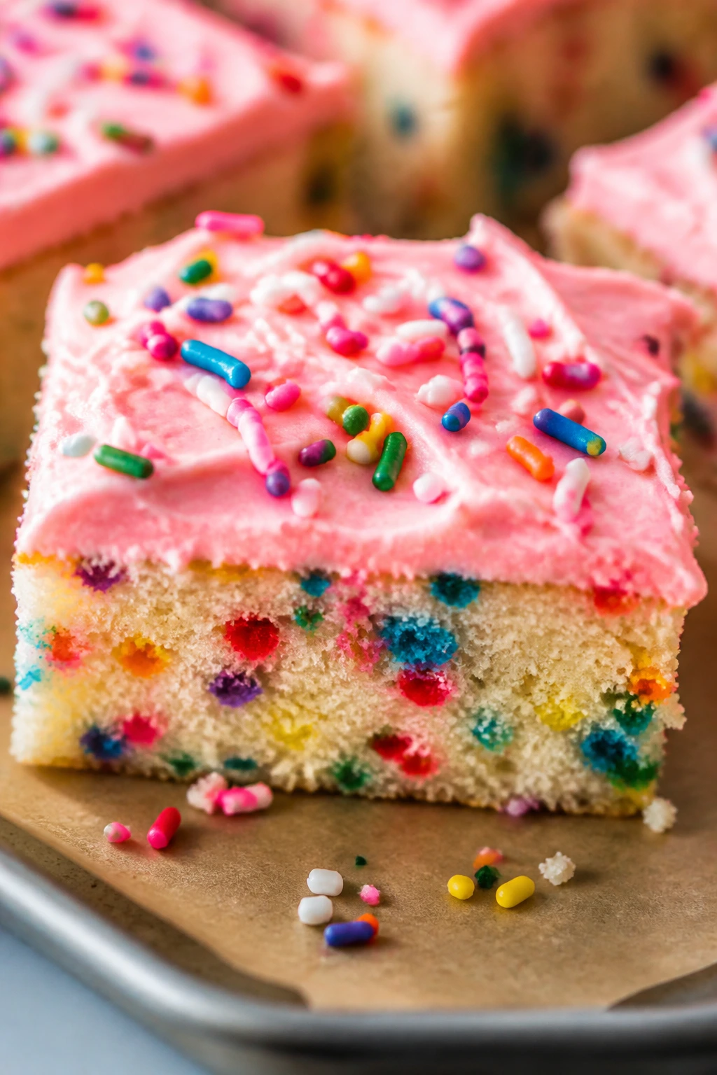 Close-up of a pink-frosted Funfetti cake bar with sprinkles on a parchment sheet