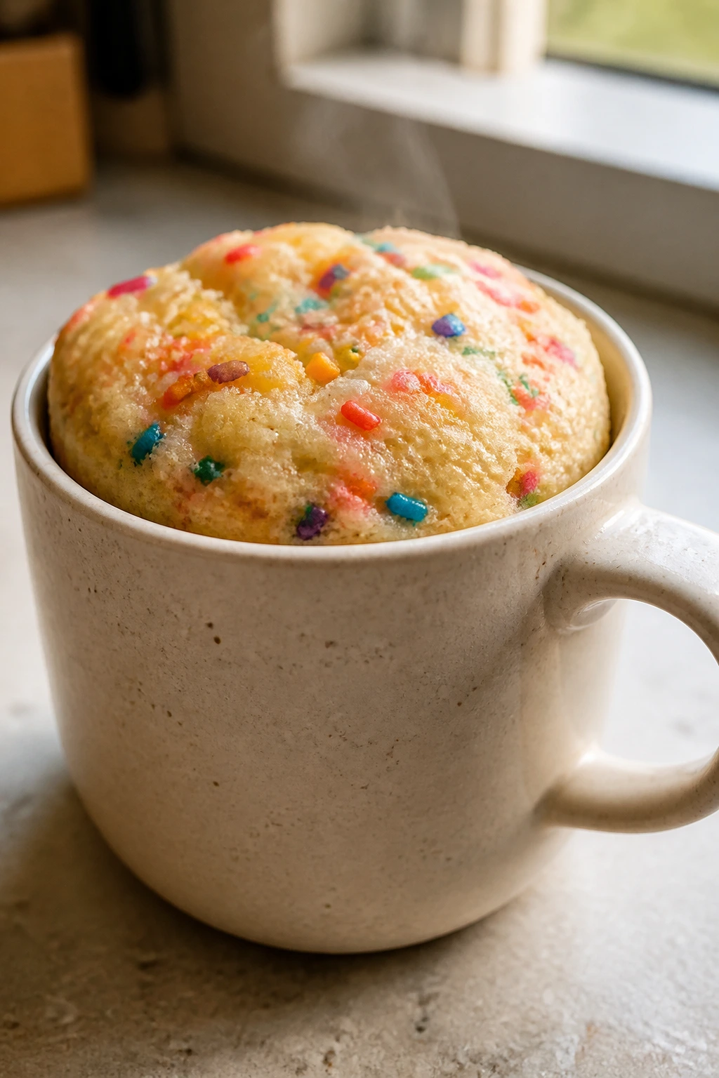 Mug cake with sprinkles in a mug on a kitchen counter