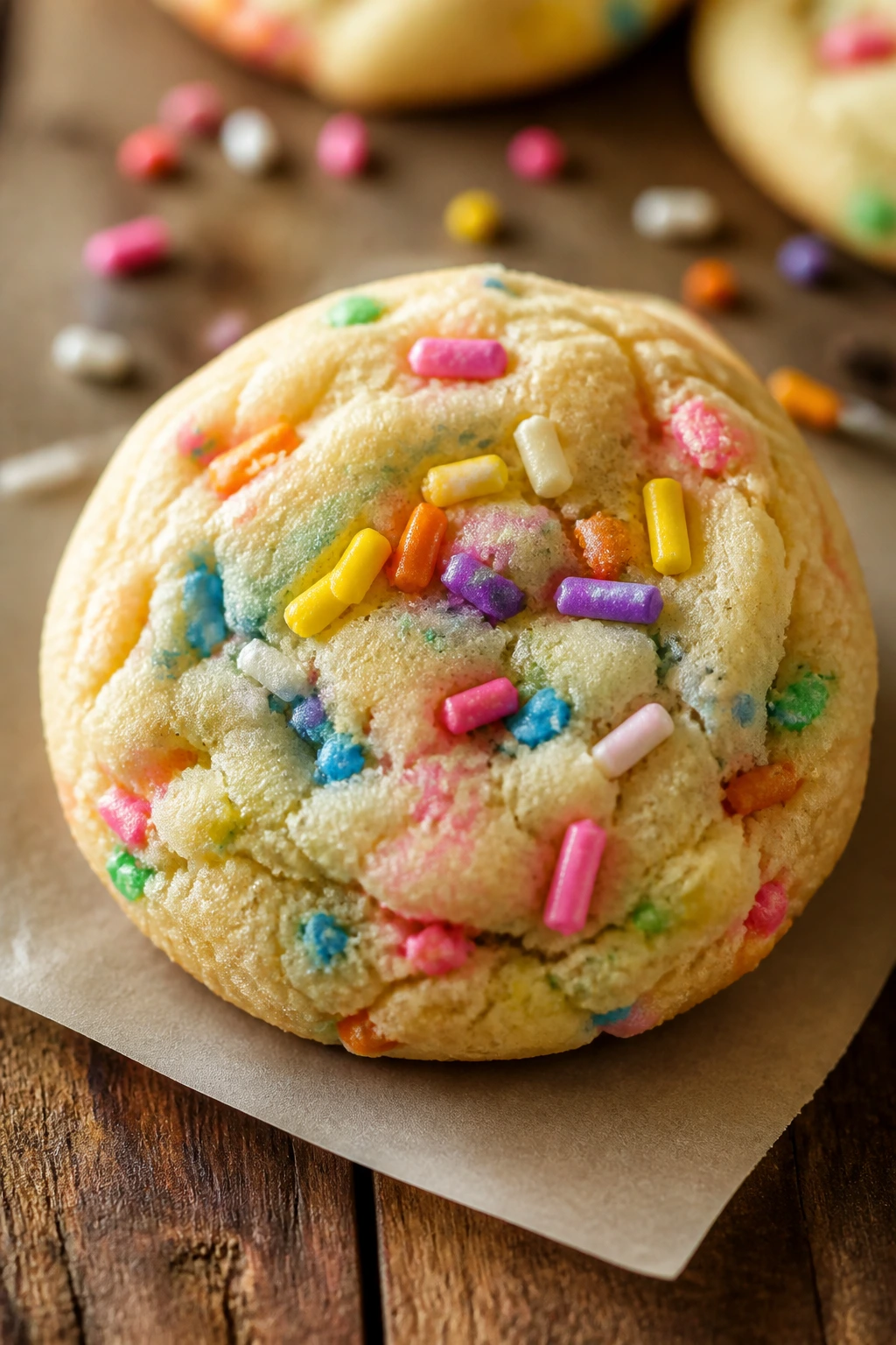 Close-up of Funfetti Easter Cookies with rainbow sprinkles on parchment in a sunlit kitchen