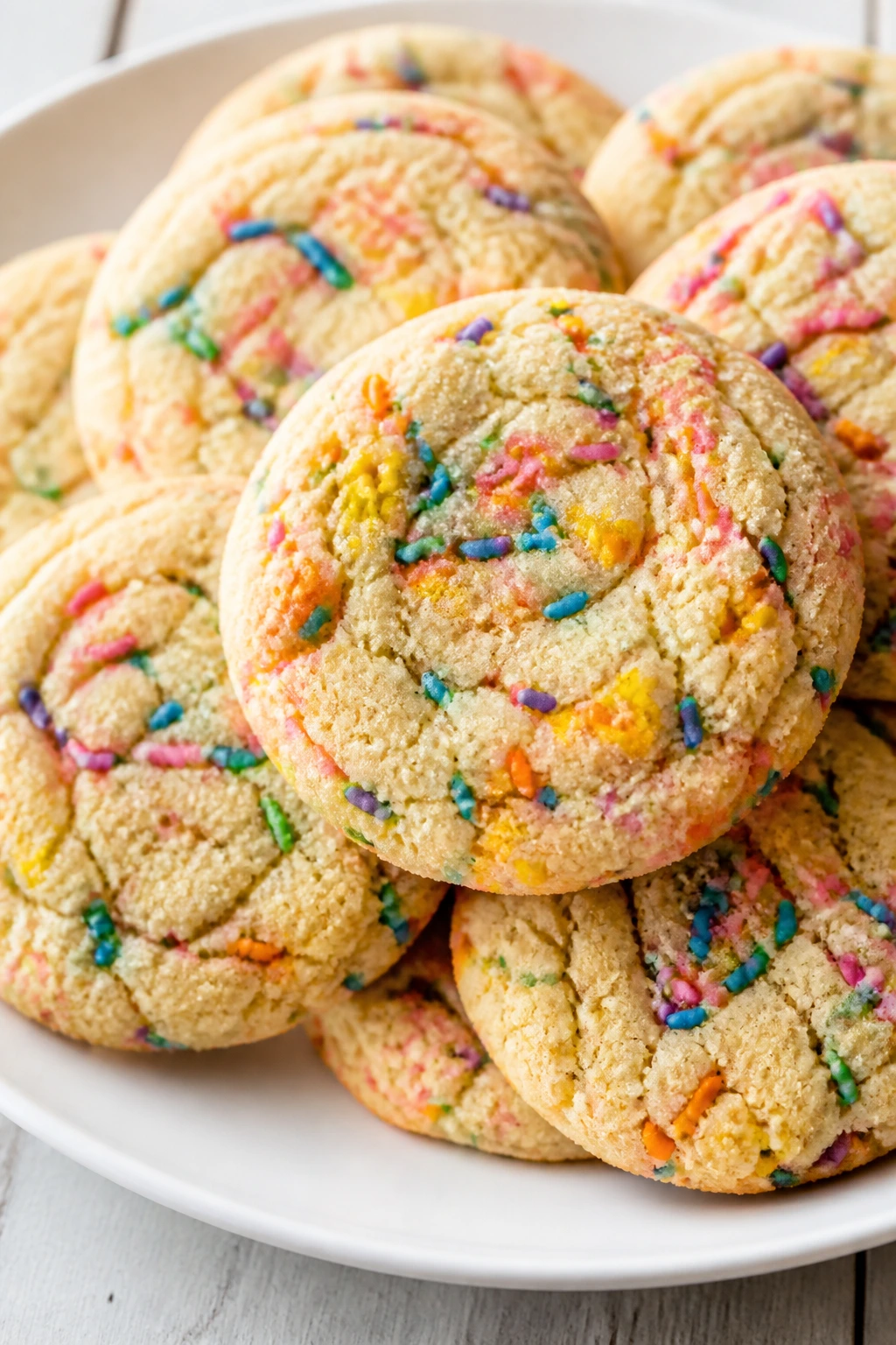 Close-up of funfetti sugar sprinkle cookies with rainbow sprinkles