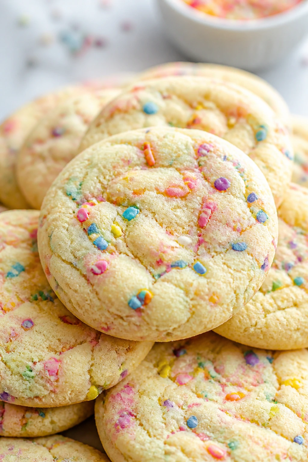 Close-up of vanilla funfetti sprinkle cookie with colorful sprinkles