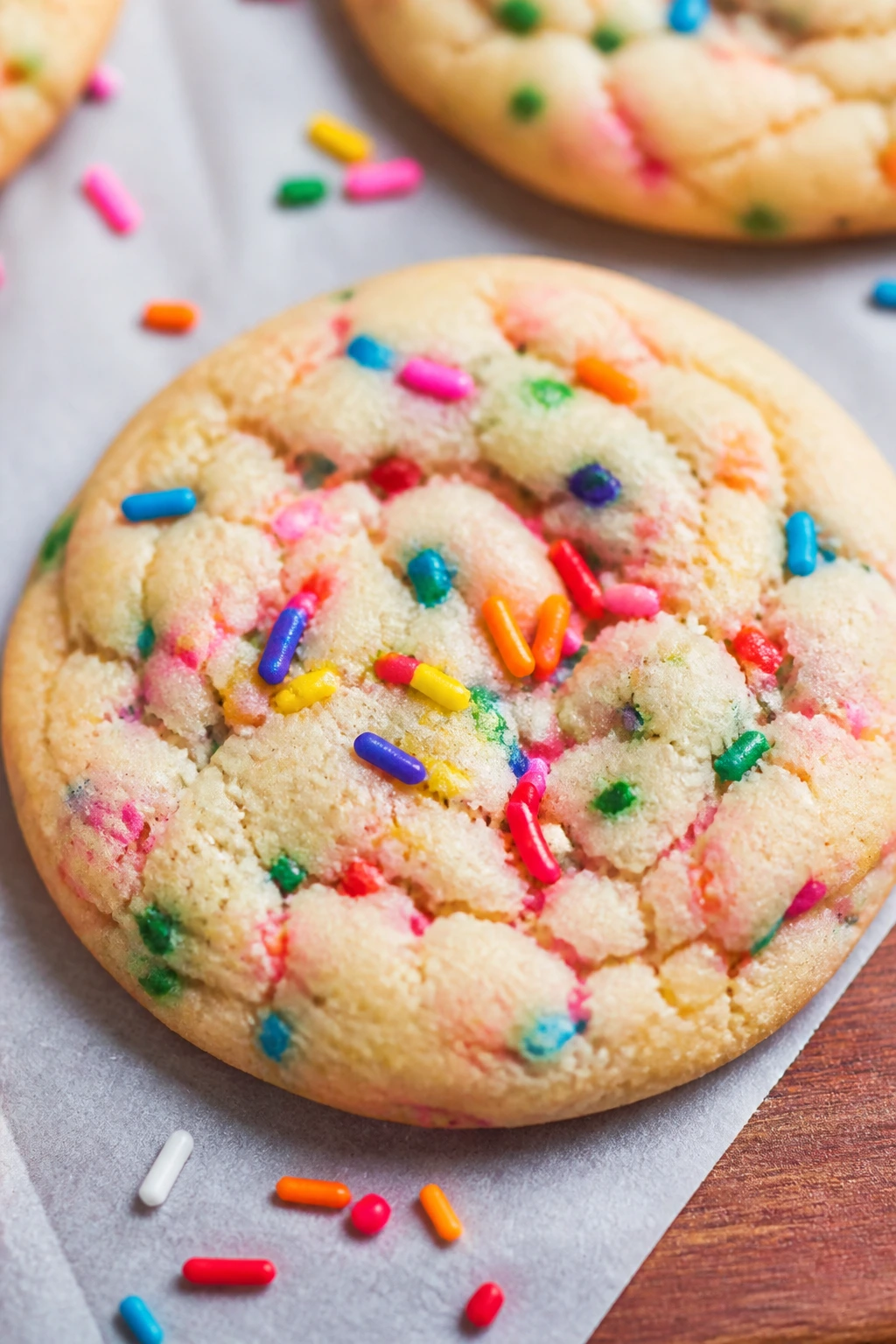 Close-up of a sprinkle cookie with rainbow sprinkles on parchment