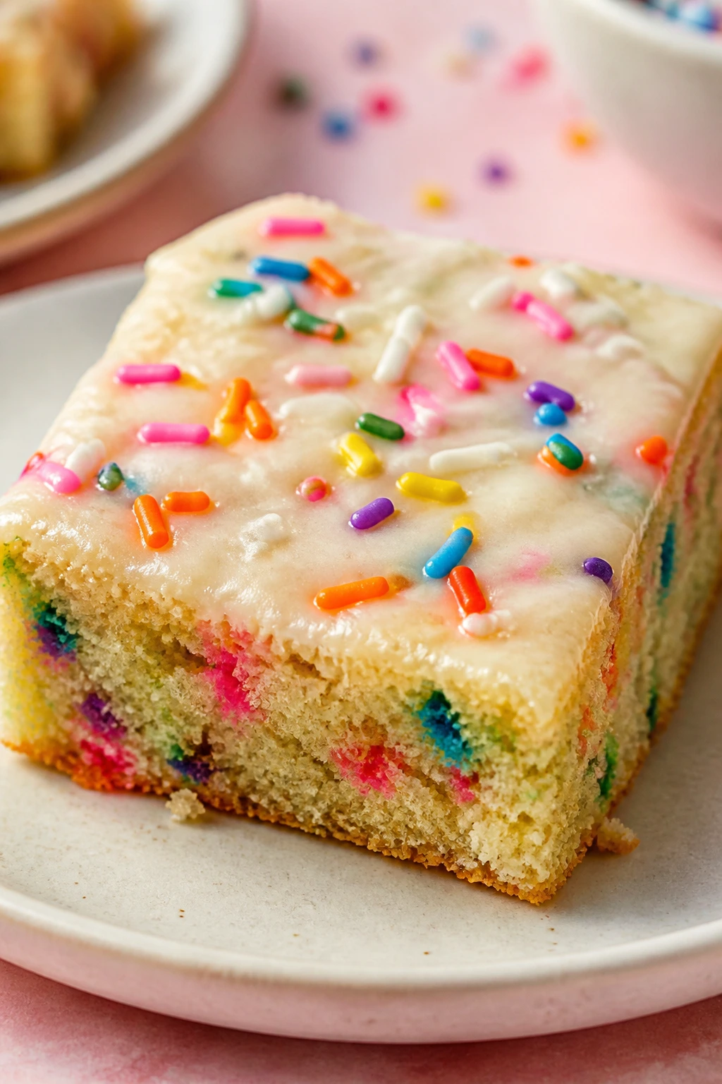 Close-up of funfetti sugar cookie bar with sprinkles and glaze