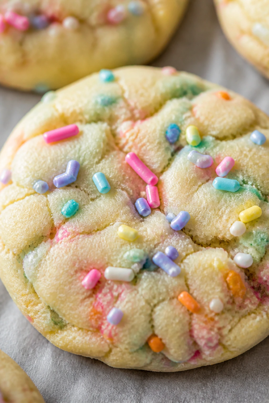 Close-up of funfetti sugar cookie drop with pastel sprinkles