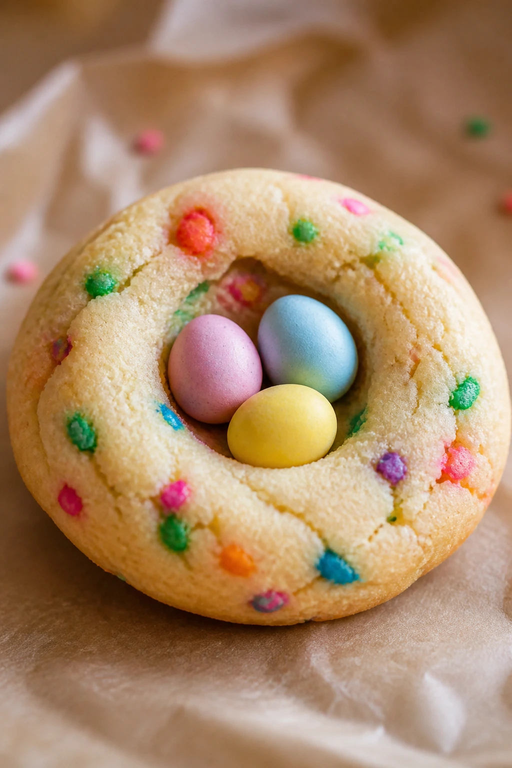 Close-up of a funfetti sugar nest cookie with rainbow sprinkles and candy eggs on a warm surface