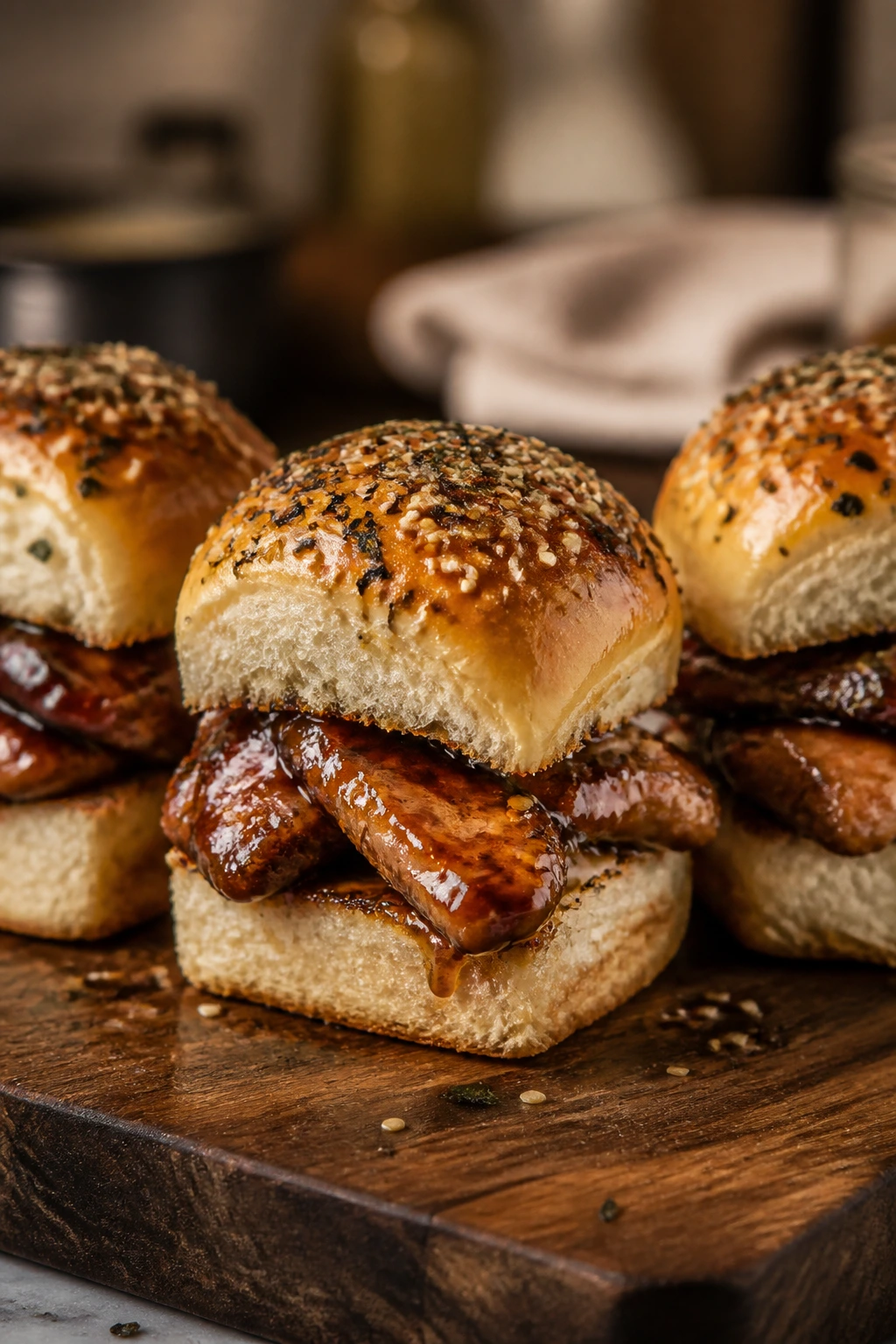 Close-up of Furikake Teriyaki Chicken Sliders with furikake topping