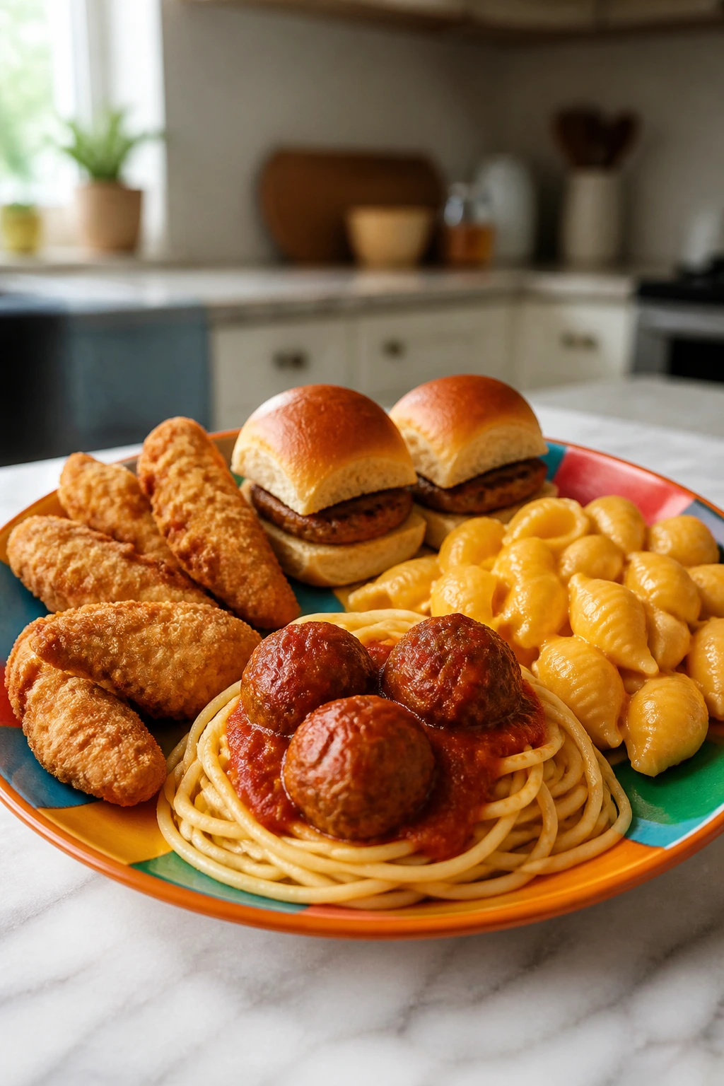 Close-up plate with familiar kid-friendly shapes like strips, shells, noodles, and meatballs