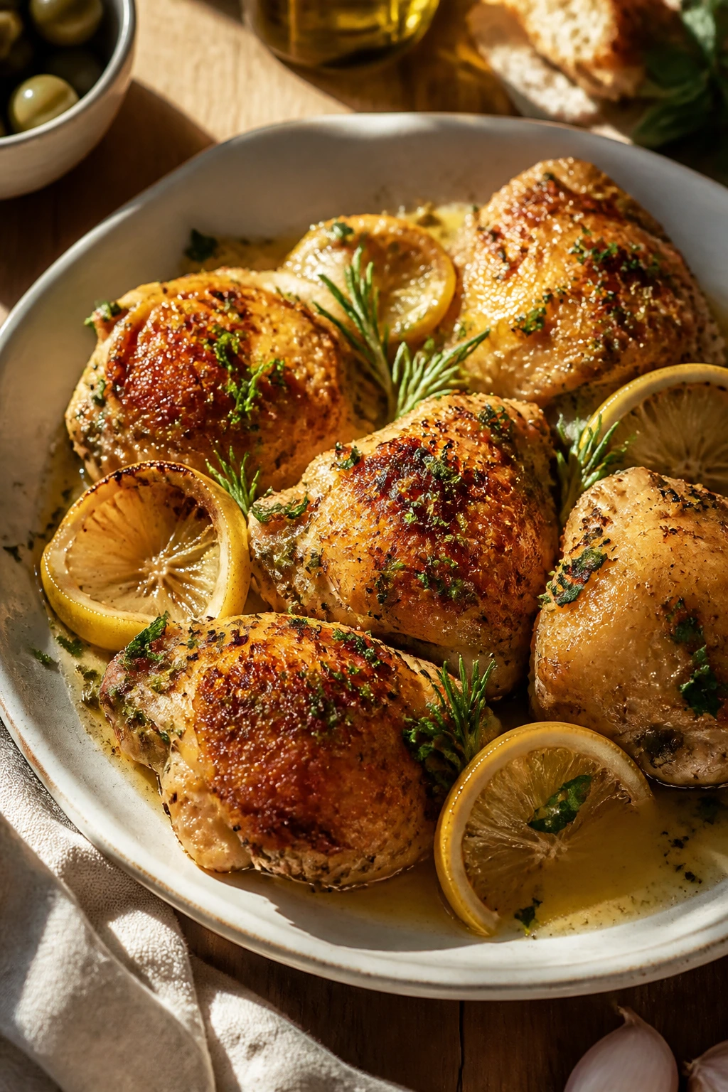 Pristine Tuscan chicken plate with lemon and herbs on rustic table