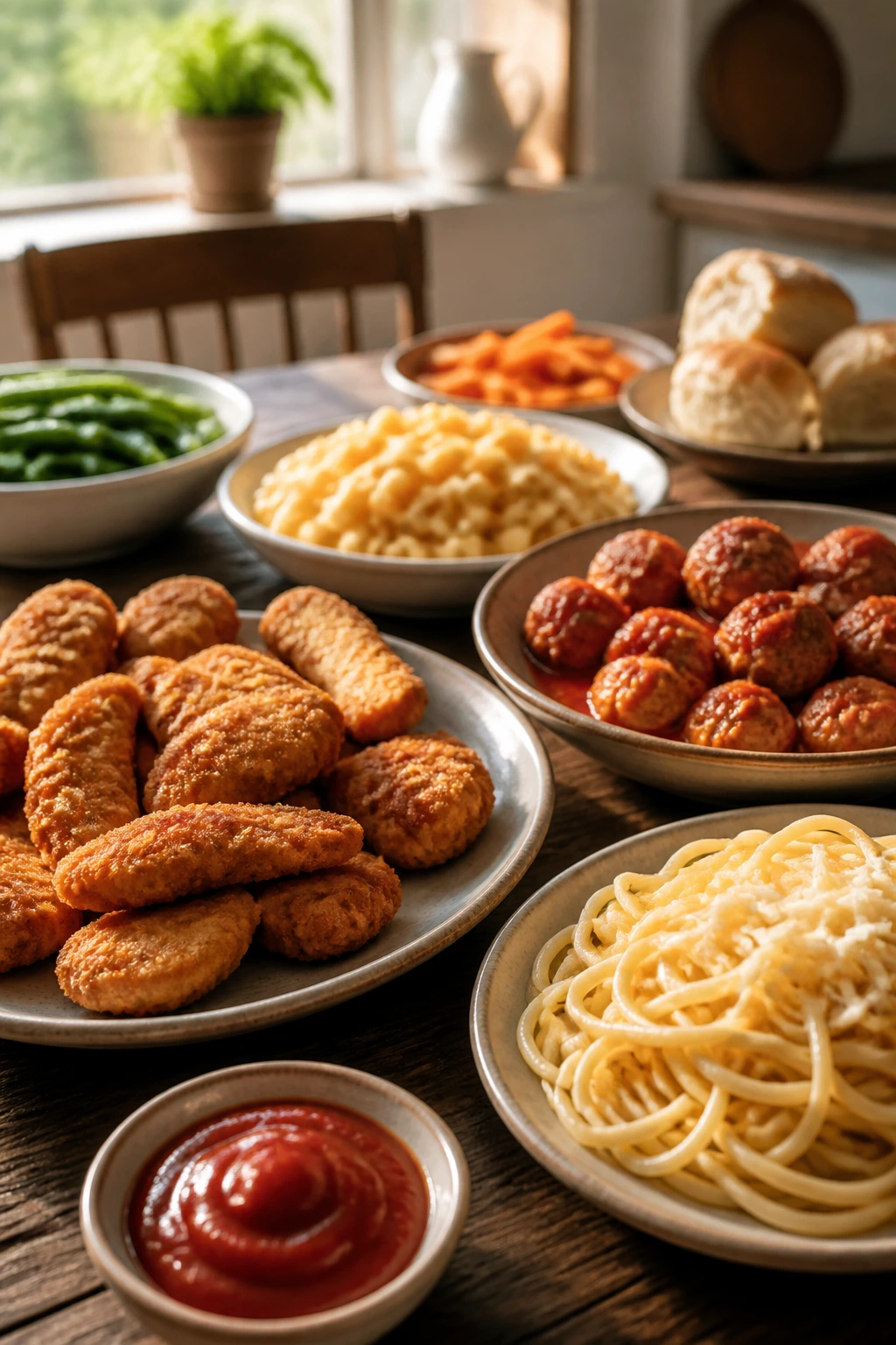 Close-up of familiar kid-friendly dinner items arranged on a table to illustrate a fuss-free family meal concept