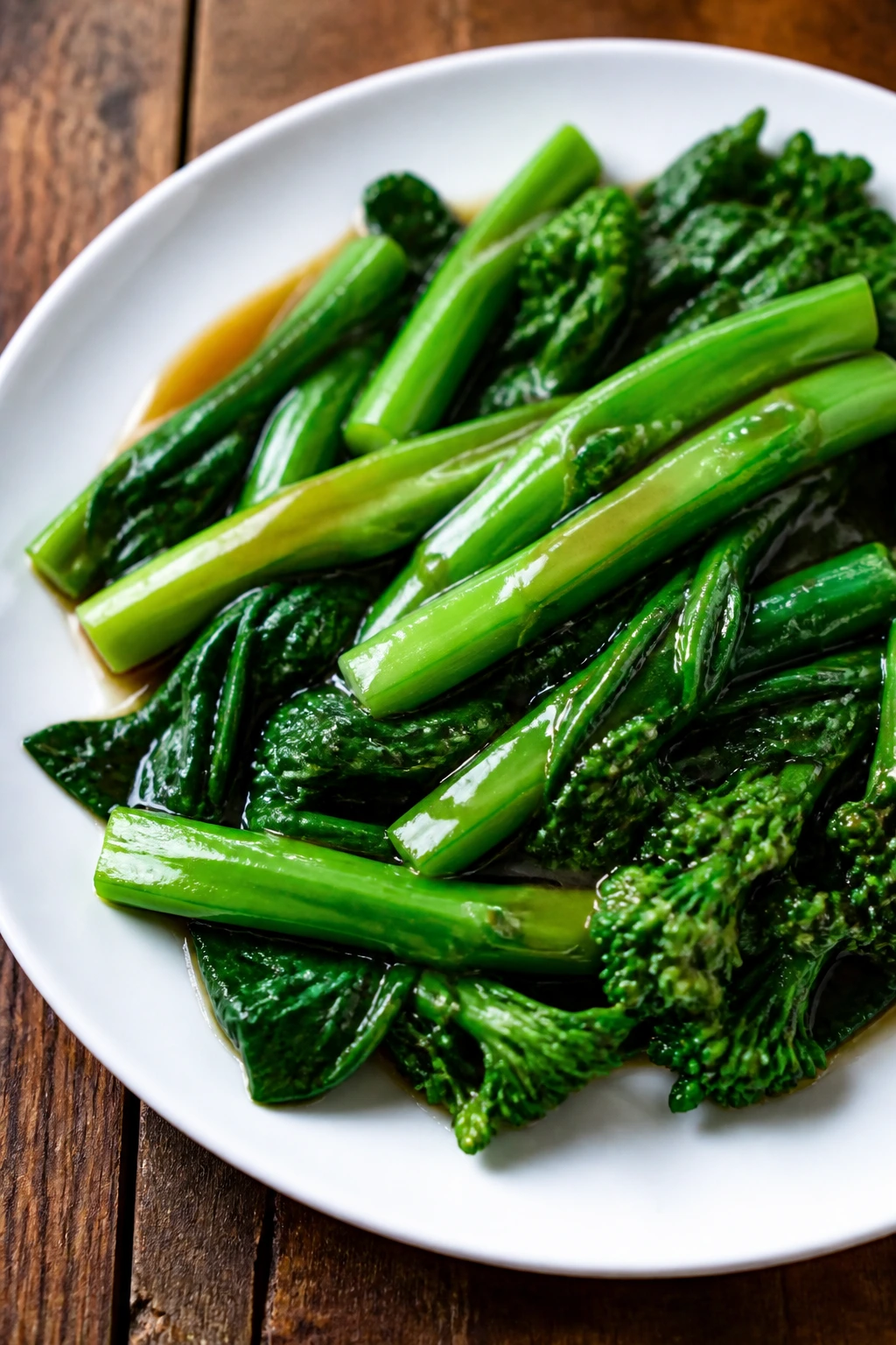 Close-up of Chinese broccoli with glossy oyster sauce on a plate