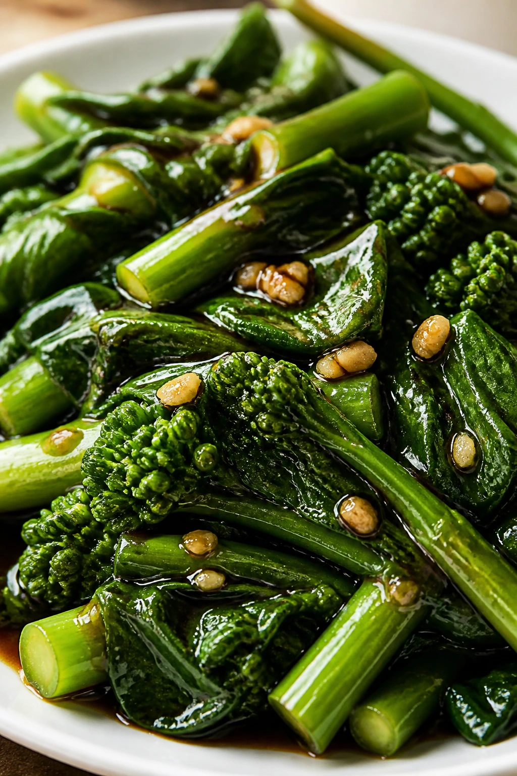 Close-up of gai lan with oyster sauce glaze on a white plate