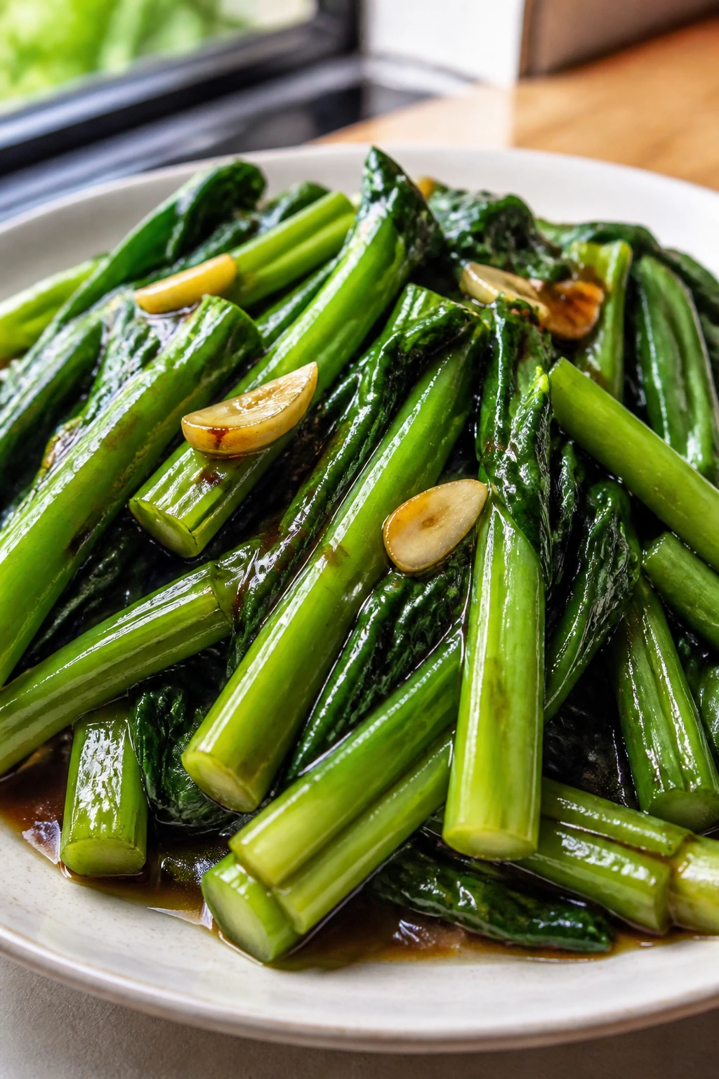 Close-up of gai lan with oyster sauce glaze