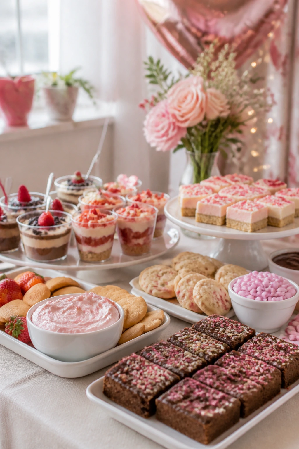 Wide-angle view of a beginner-friendly Galentines dessert table with assorted treats