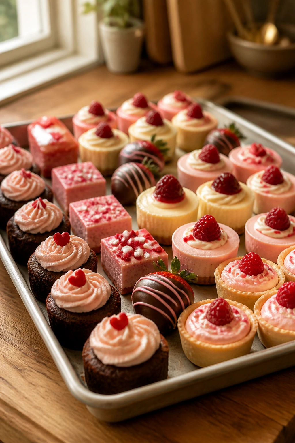 Close up of bite-sized pink and red galentines desserts on a wooden counter