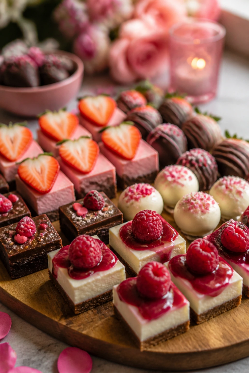 Close-up of a curated dessert platter on a rustic board for a Galentines party