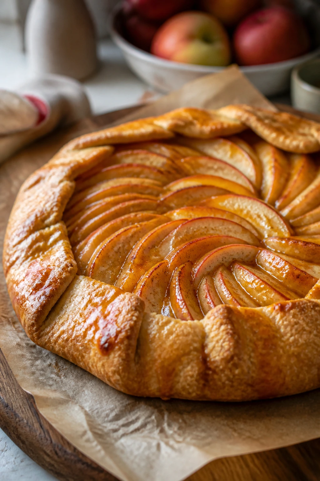 Close-up of a rustic spiced apple galette with apricot glaze on a wooden board