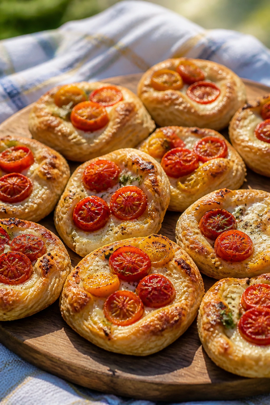 Cherry tomato galette bites on a wooden platter outdoors