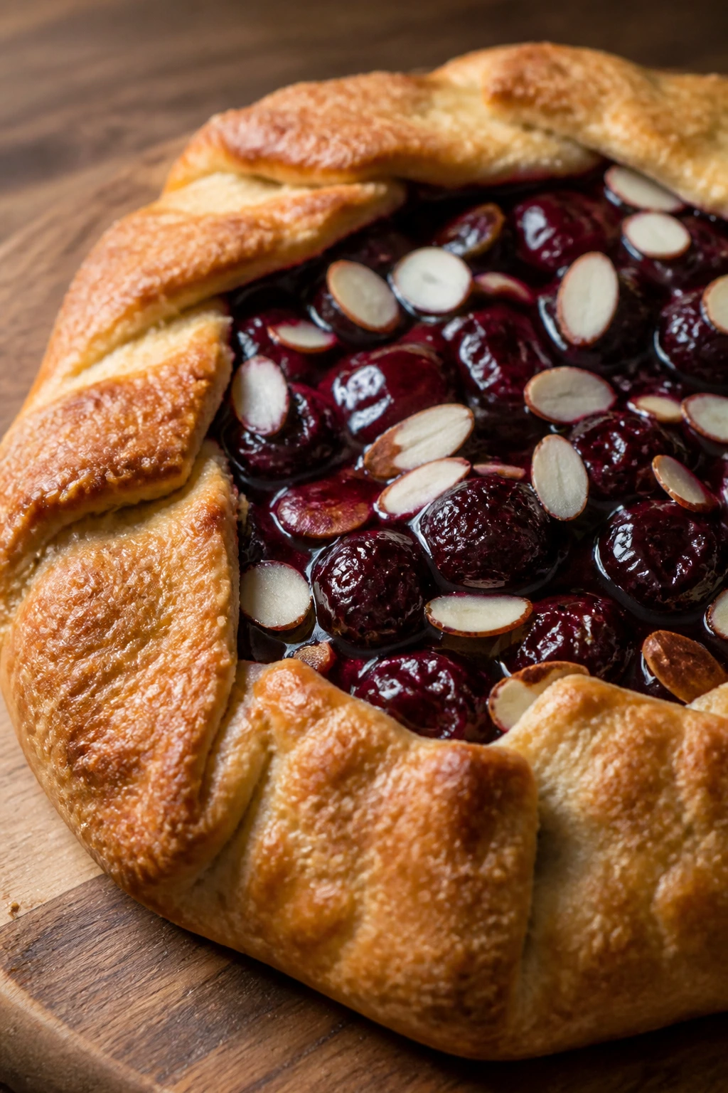Rustic cherry almond galette on wooden board with glossy cherry filling