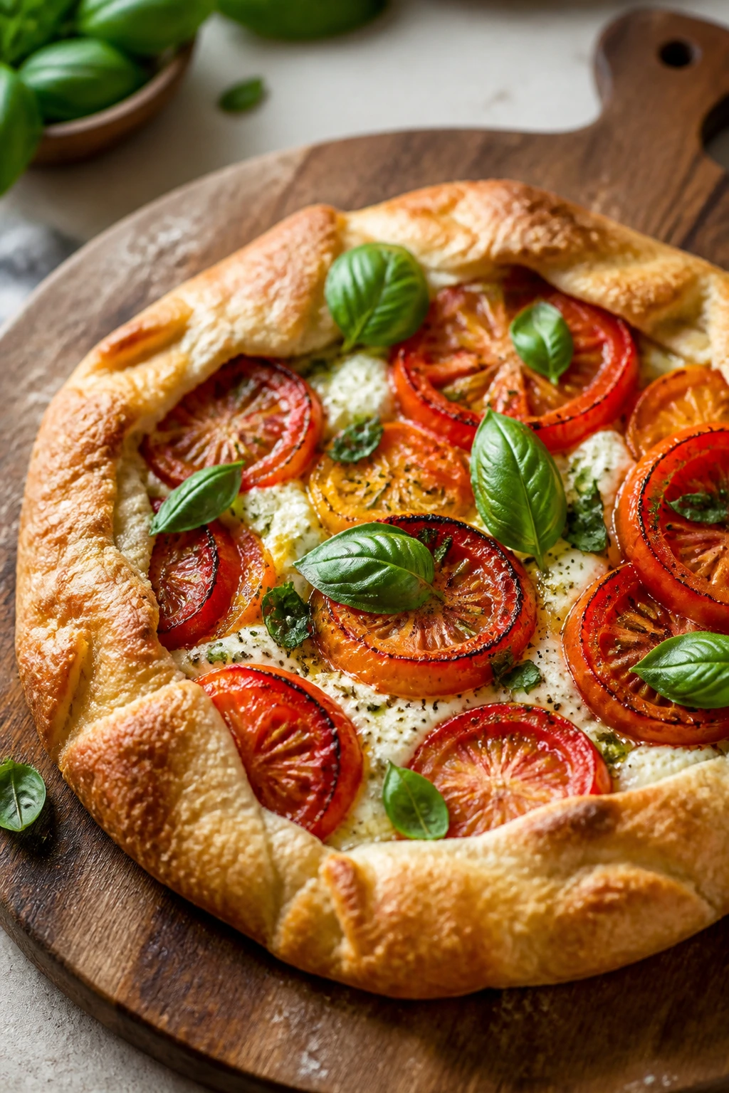 Rustic tomato basil ricotta galette on a wooden board