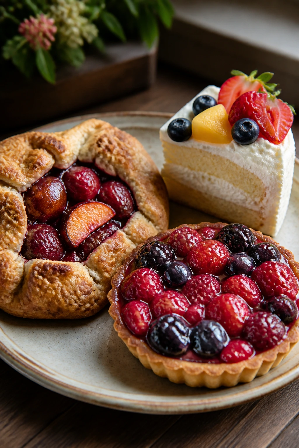Close-up of rustic galette, berry tart, and fruit-topped cake on a wooden plate