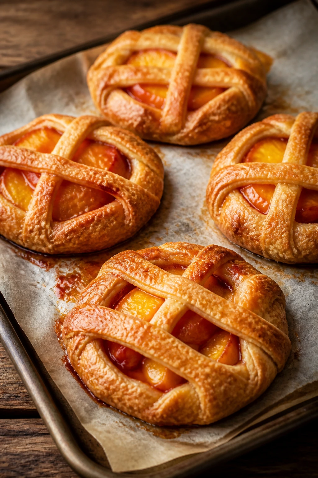 Close-up of four mini peach galettes with golden crusts and peach filling on parchment