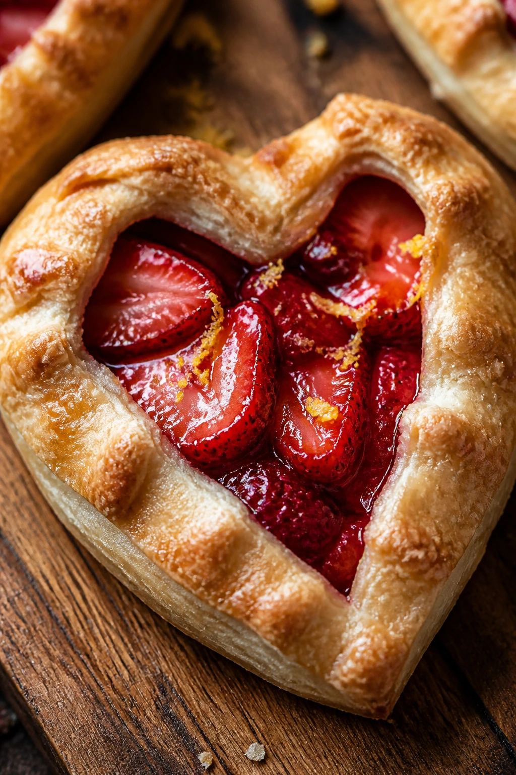 Single mini heart-shaped strawberry galette on a wooden board