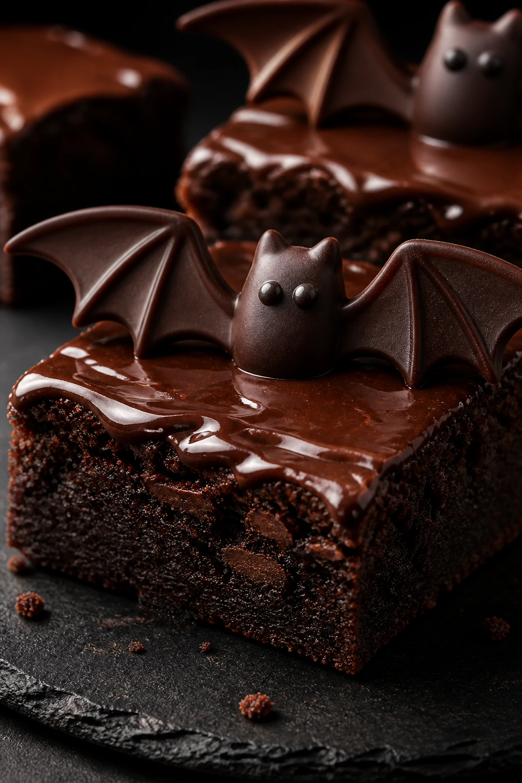 Close-up of double chocolate ganache bat brownies with wings