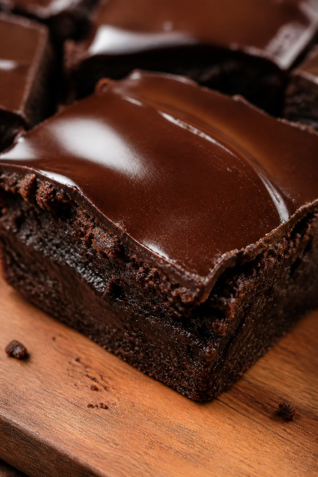 Close-up of Truffle Ganache Brownies with glossy top and fudgy interior.