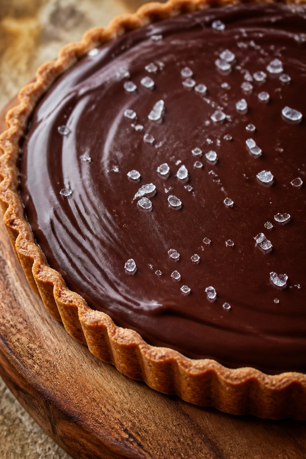 Close-up of glossy chocolate ganache tart on a rustic counter