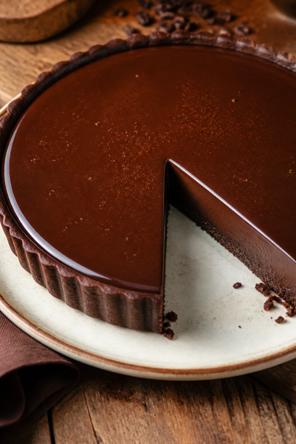 Glossy chocolate ganache tart on a plate with a visible crust