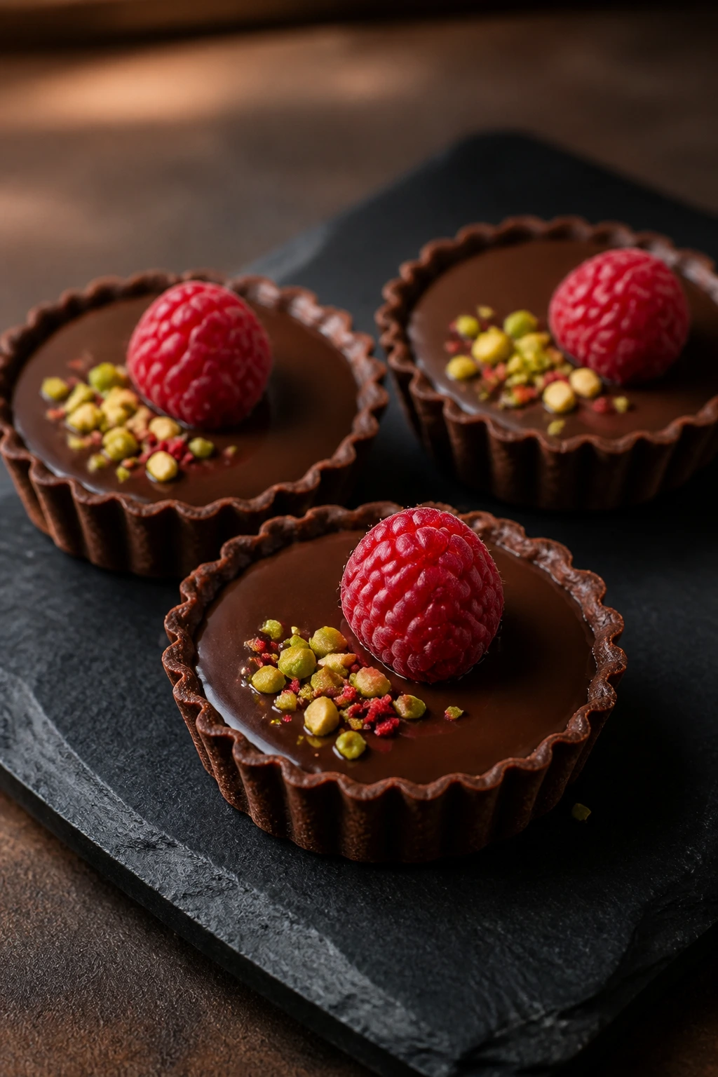 Glossy ganache tartlets with raspberries on a dark slate plate