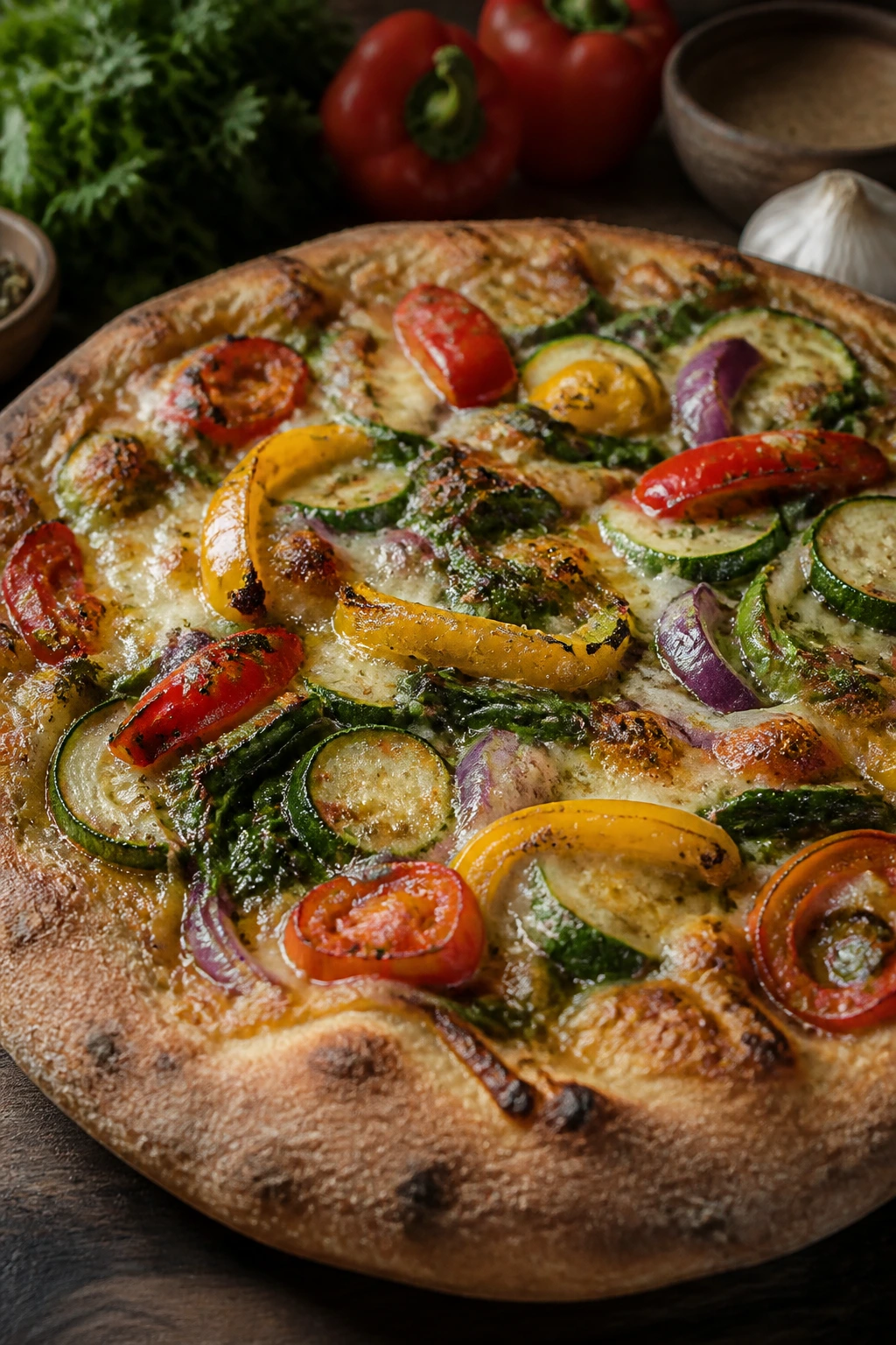Whole wheat pizza with garden vegetables on rustic kitchen background