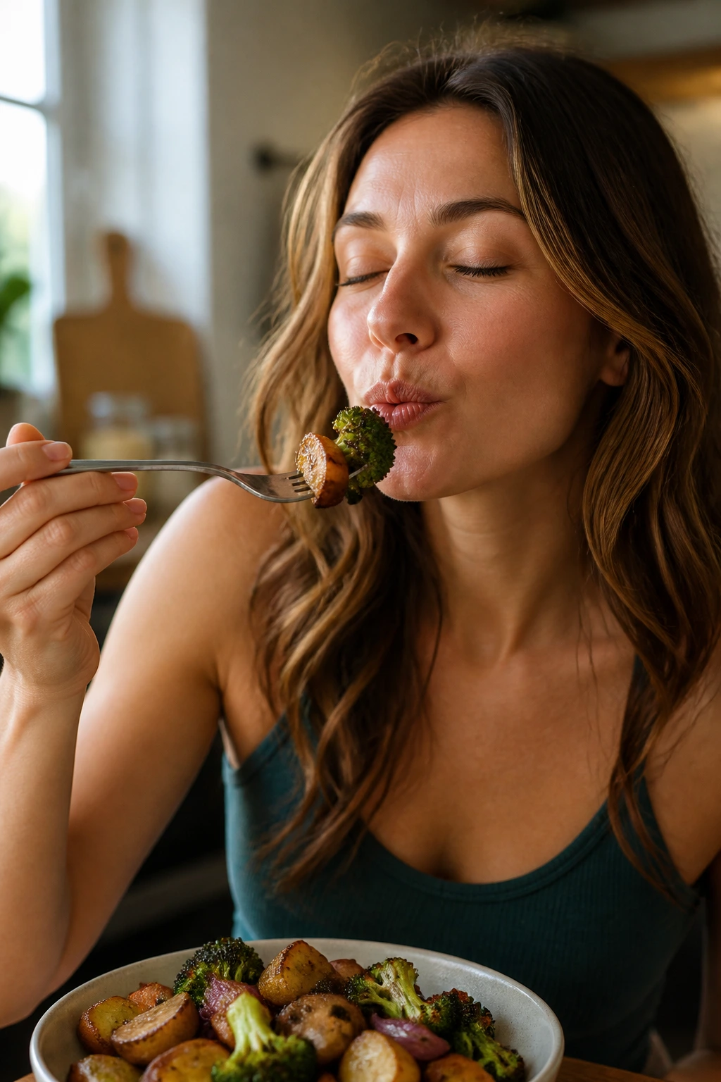 Real person savoring garlicky air fryer vegetables in kitchen