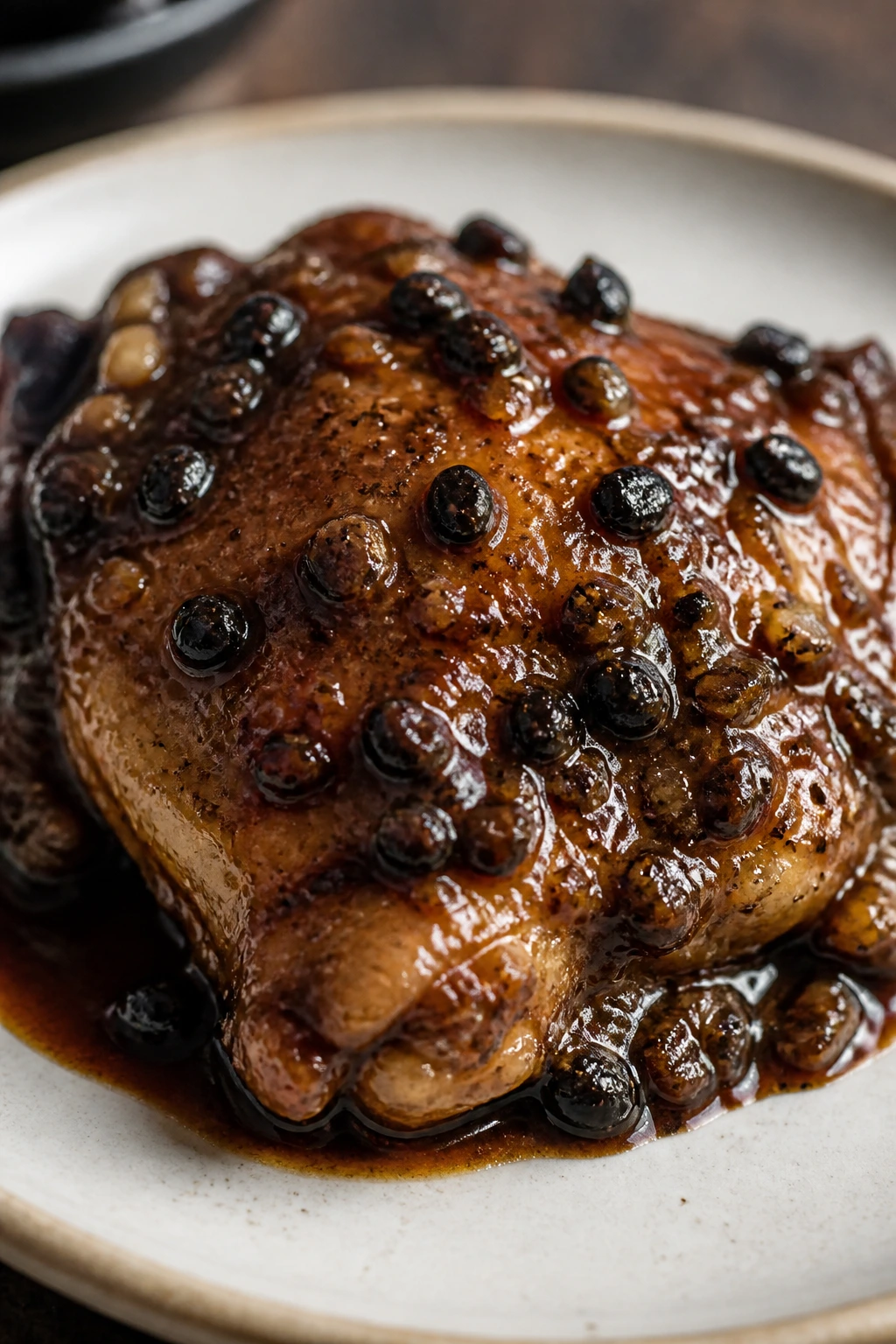 Close-up of chicken thigh in dark black bean sauce