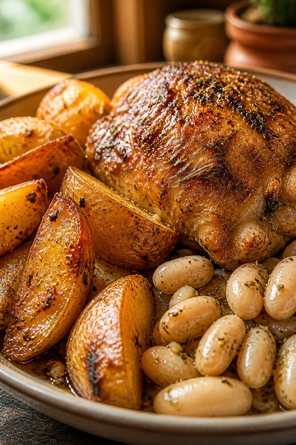 Close-up of plated chicken, potatoes, and beans seasoned with garlicky Mediterranean blend