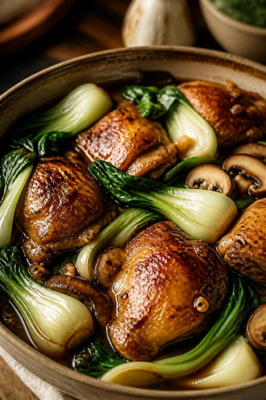 Close-up of Garlic Bok Choy Chicken in a bowl