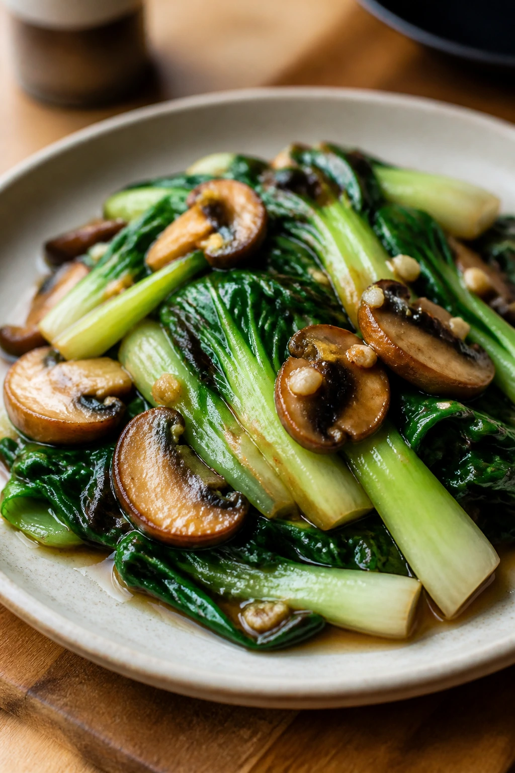 Stir-fried bok choy and mushrooms with garlic in a white plate
