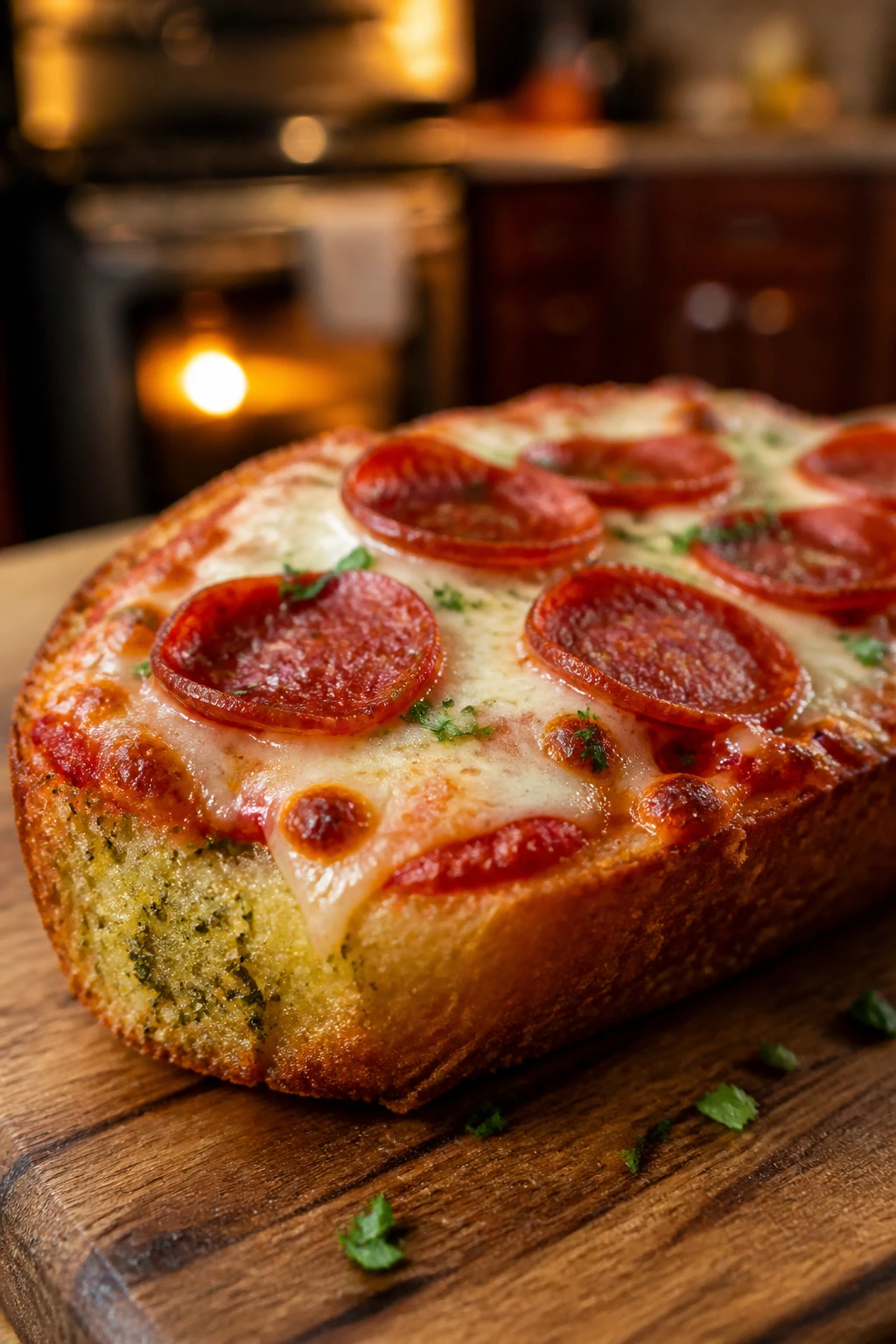 Close-up of garlic bread pizza melts with bubbling cheese on a cutting board