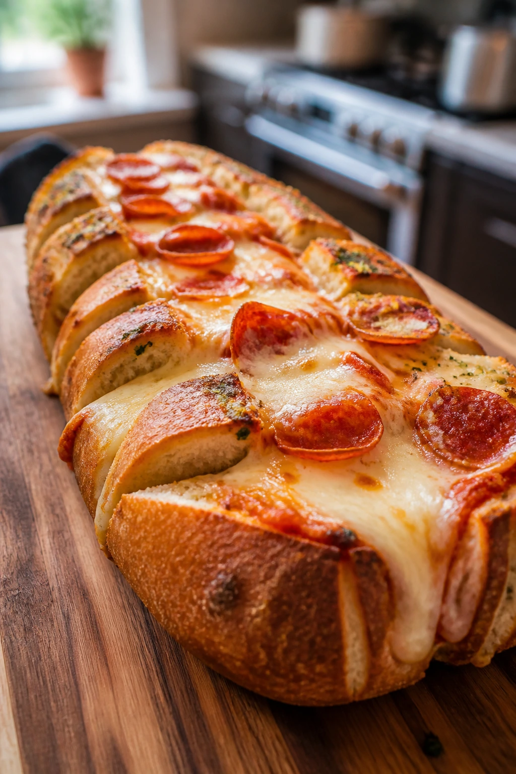 Close-up of pizza-stuffed garlic bread boats on a wooden board.