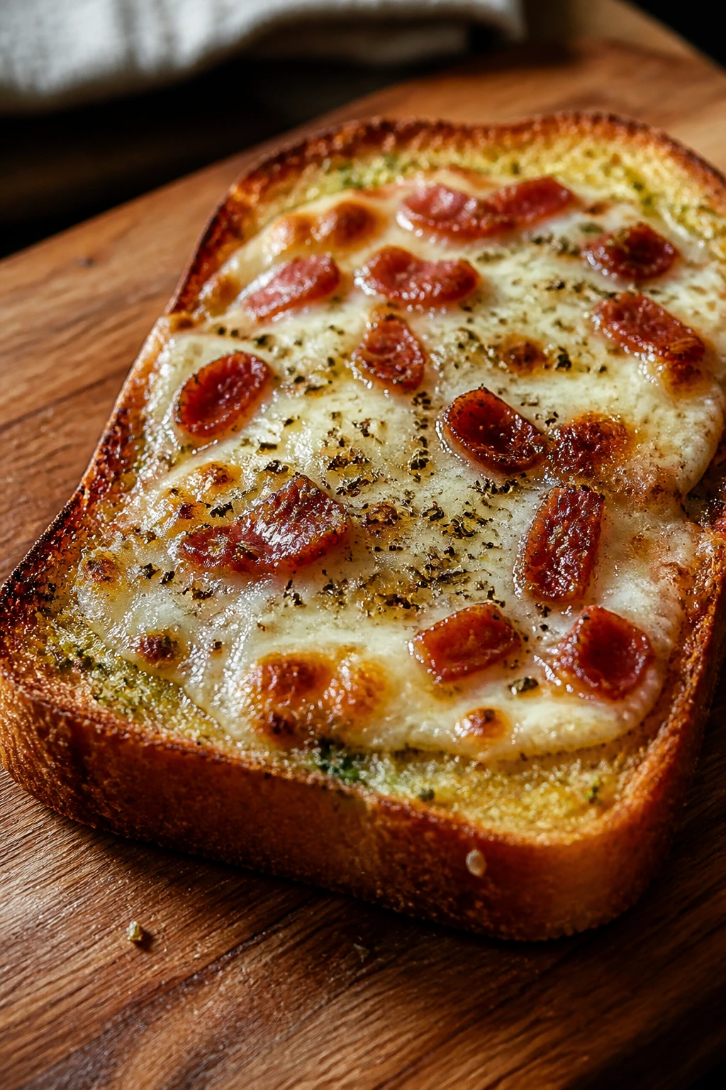 Close-up of garlic bread with melted mozzarella on a cutting board