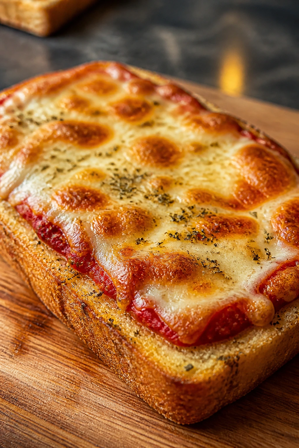 Close-up of a garlic bread pizza toast slice with sauce and melted cheese