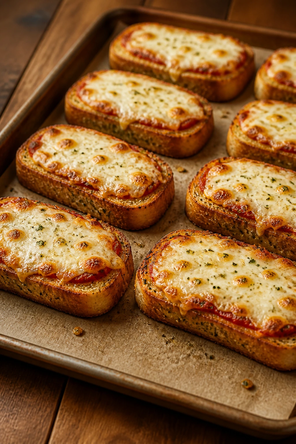 Garlic bread pizza toasts with melted cheese on a baking sheet