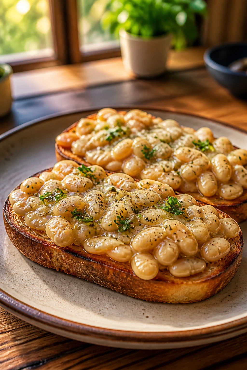 Close-up garlic butter beans on toast in a cozy kitchen
