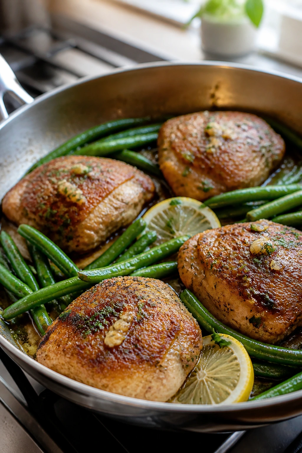 Close-up of garlic butter chicken and green beans skillet