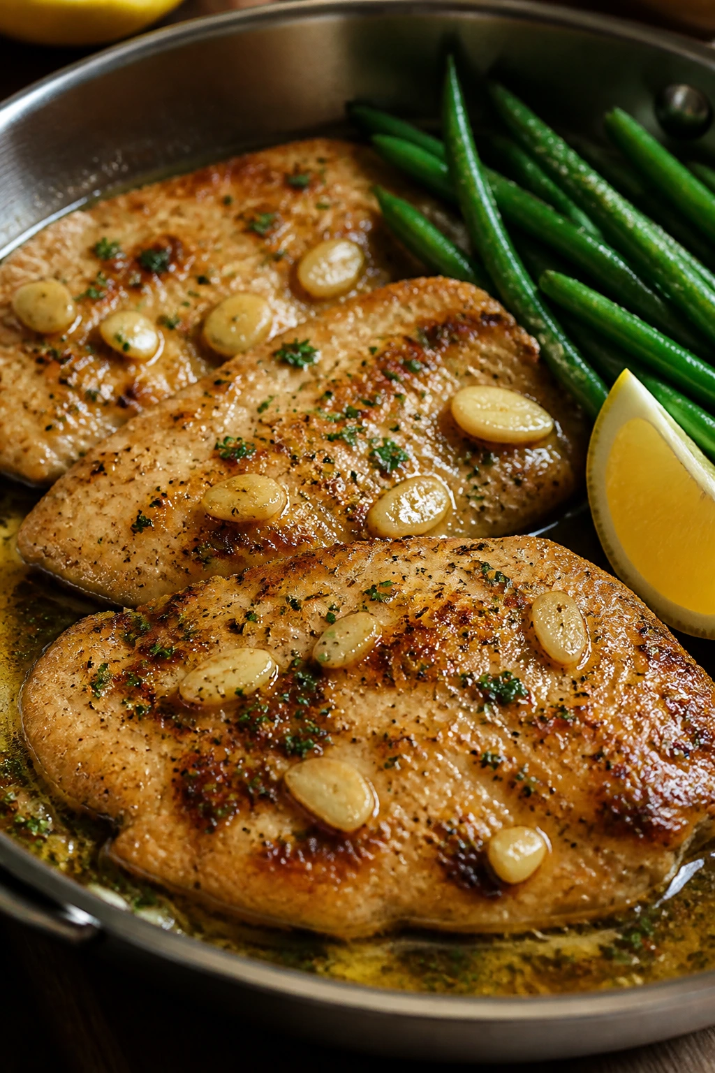 Close-up of garlic butter chicken cutlets in a skillet