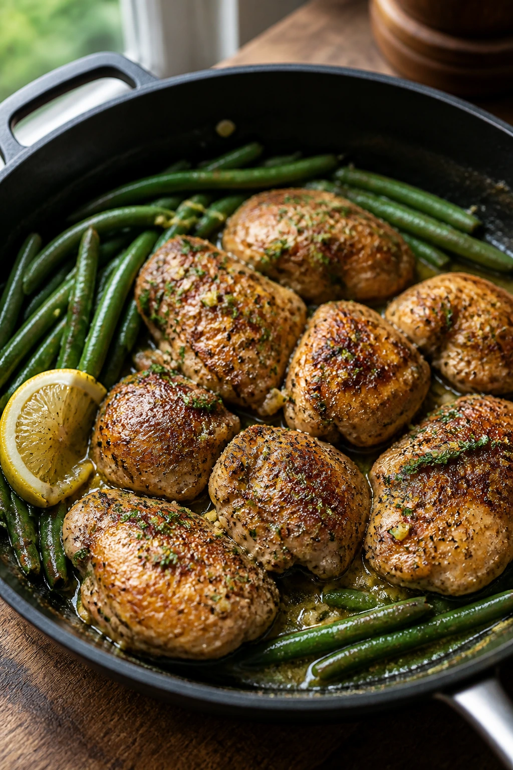 Skillet with garlic butter chicken and green beans ready to serve.