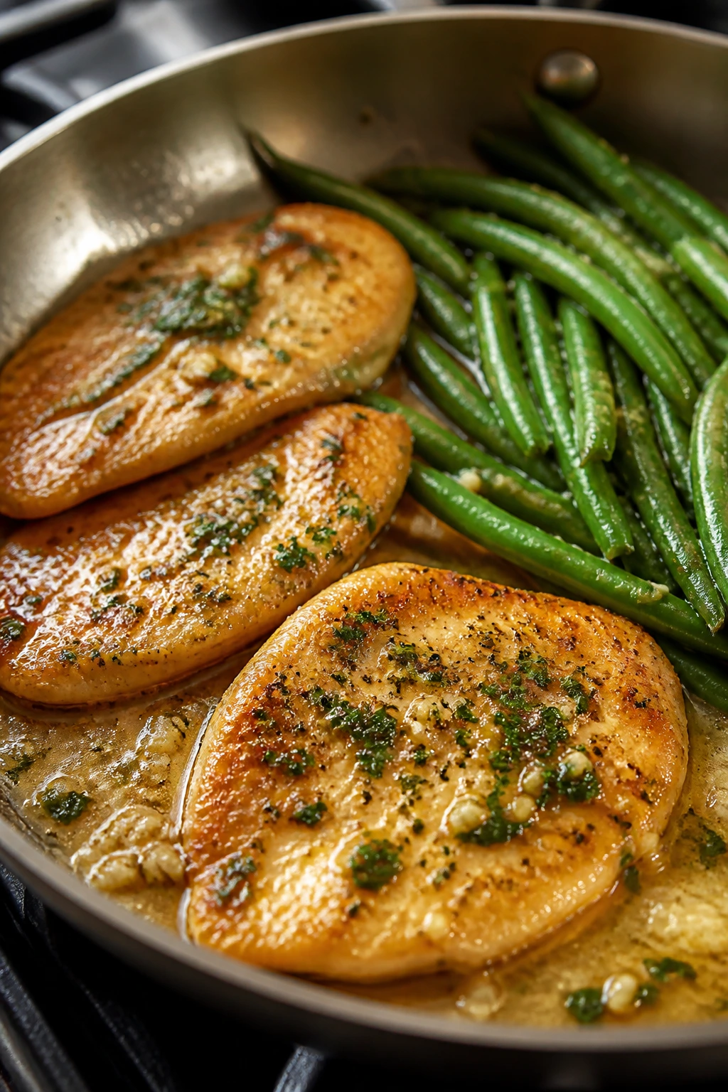 Close-up of garlic butter chicken cutlets with green beans in a skillet