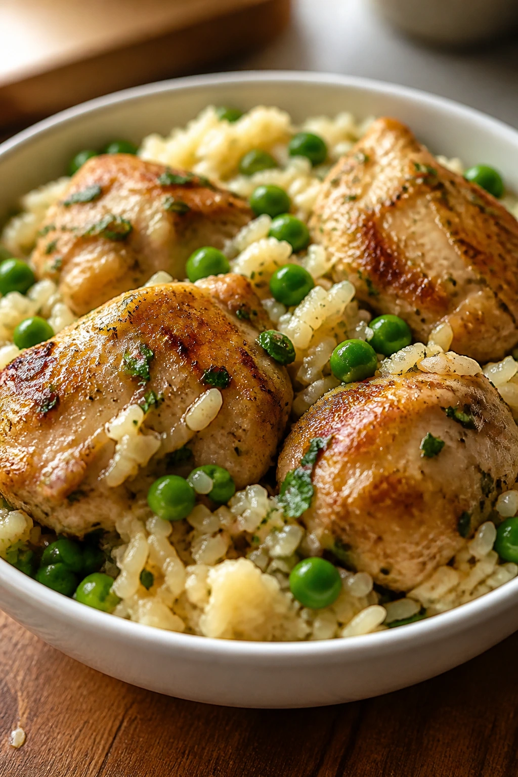 Close-up of garlic butter chicken and peas rice cooker dinner in a bowl
